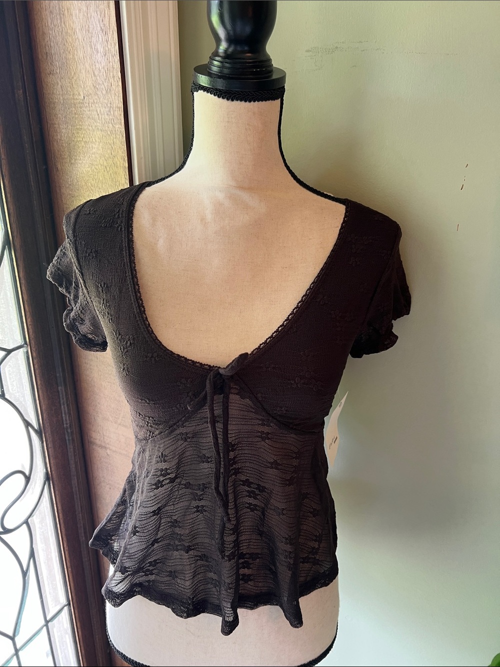 Electric Behaviour  Black Scoop Neck Tie-Front Short Sleeve Top
